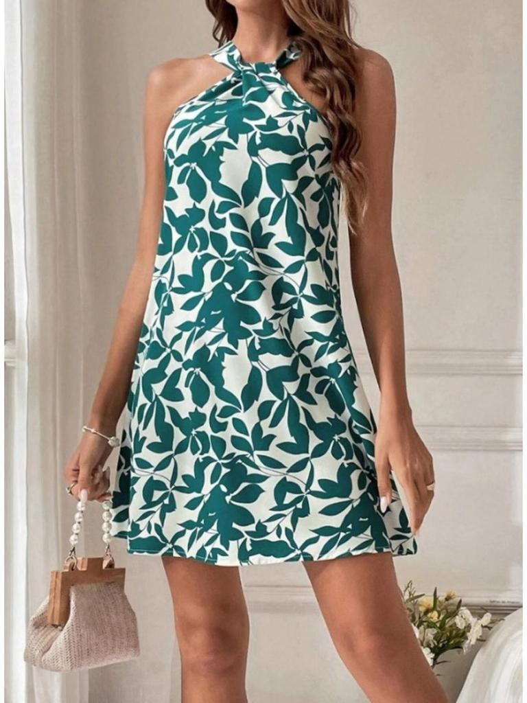 Halter Neck Flower Print Dress Lace Up Ruffle Edge Backless Dress Sleeveless Chiffon Dresses Causal Women Dress