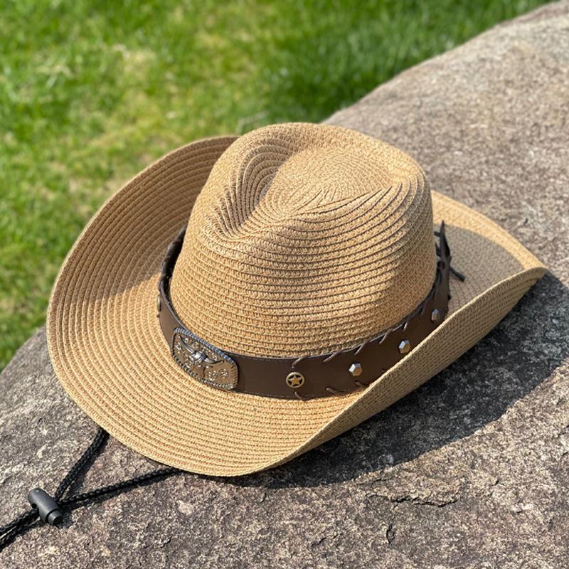 Big Eaves Western Cowboy Hat Men's Summer Travel Photo Tibetan Ox Head Straw Hat Women's Outdoor Sun Protection Hat