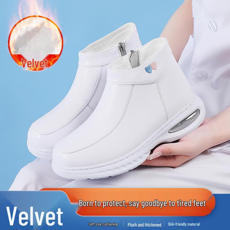 Women's Fleece-Lined Nurse Shoes: Soft Sole, Air Cushion Ankle Boots, Thick Sole, Height-Increasing, Winter Medical Work Shoes.