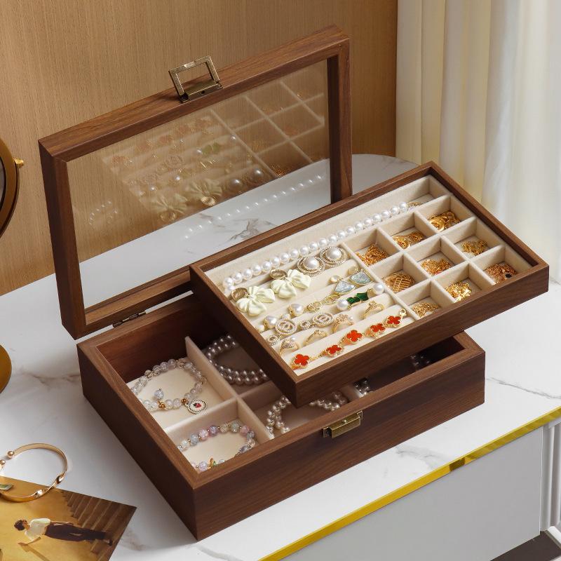 Retro Walnut Jewelry Display Box with Clear Lid Dustproof Storage Necklaces Earrings Bracelets Ring Wooden Jewelry Organizer Box