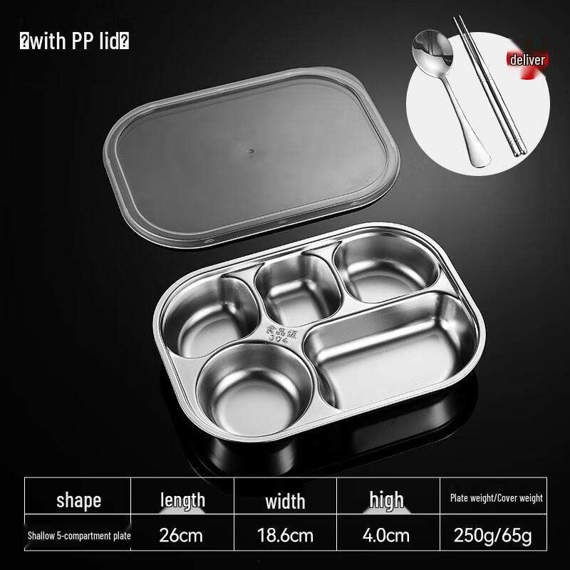 304 Stainless Steel Divided Lunch Tray with PP Lid