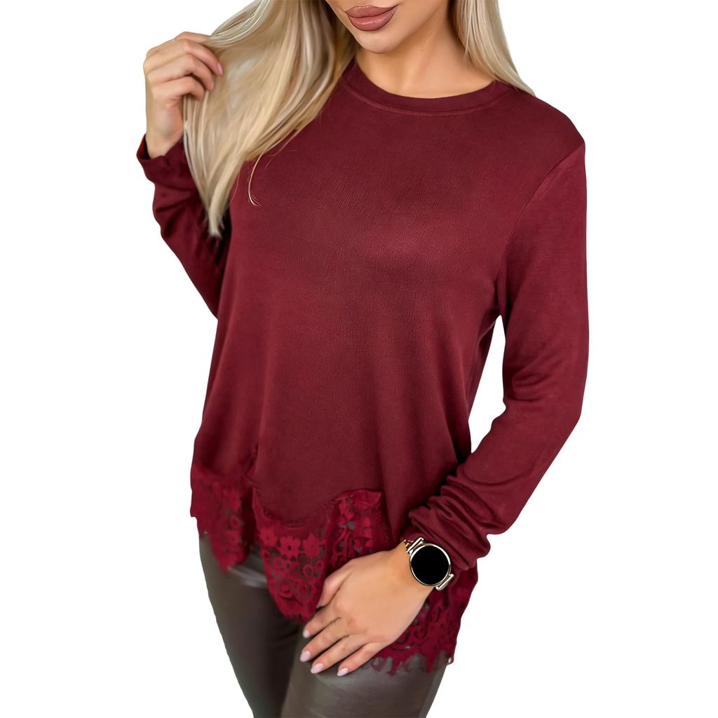 Women's Patchwork Long,Sleeved Elegant Round Neck Irregular Hem Top