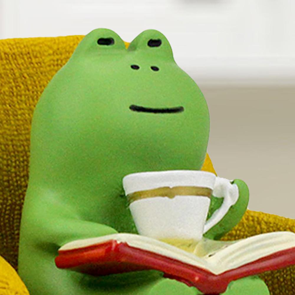 Frog Drinking Coffee Ornament Resin Cartoon Frog Animal Statue Creative Miniature Frog Read Book Figurines Gift for Frog Lovers