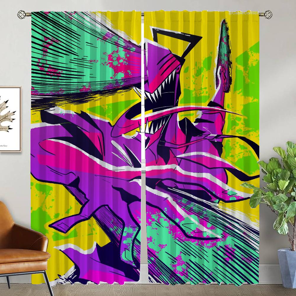 Halloween Dekoration Chainsaw Man Vorhänge Kinderzimmer Küchenvorhänge 2 Stück Fenstervorhang Raumteiler Tüll für Schlafzimmer Panel