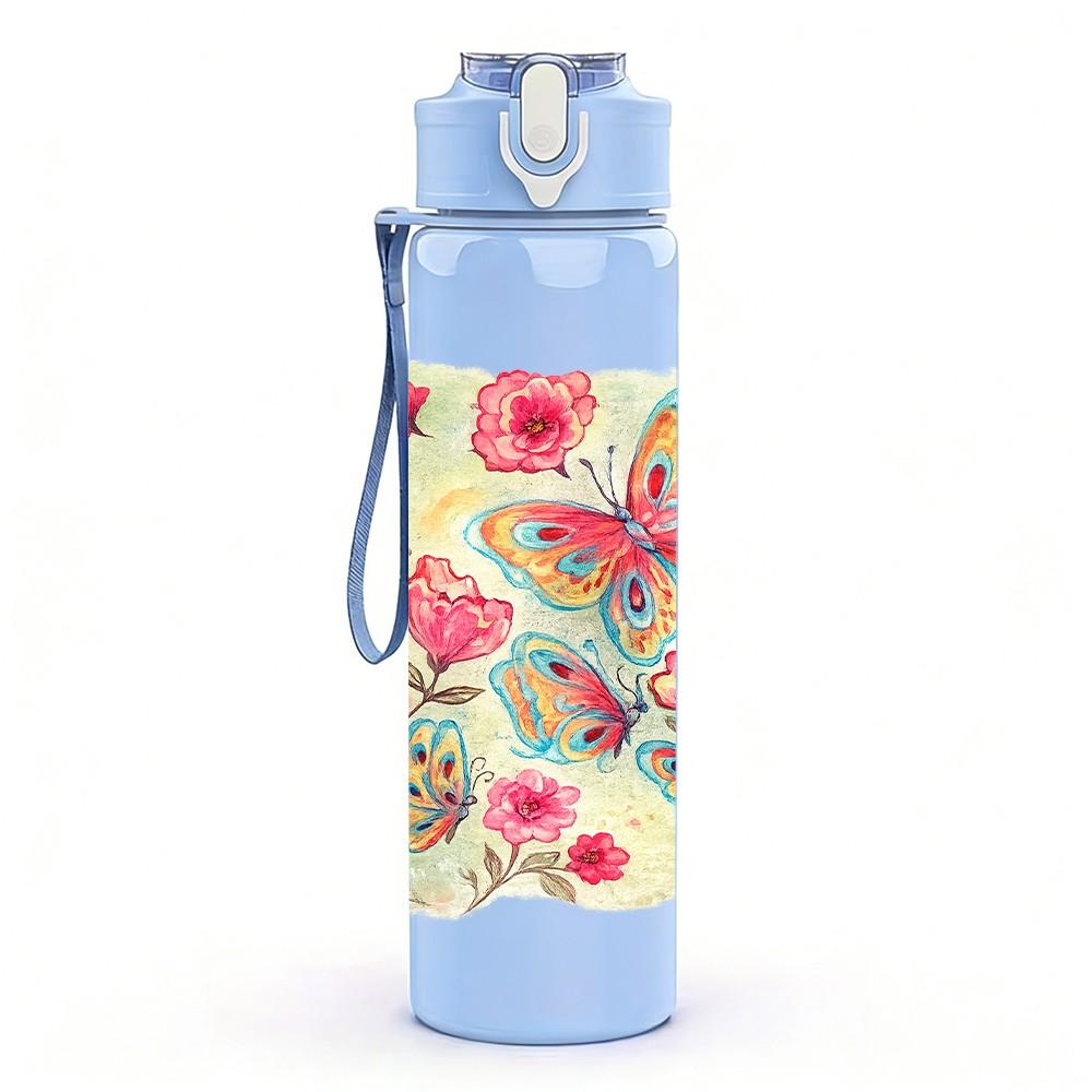 1PC Soft Pink Rose Cluster Floral Print 750ml Color Plastic Sports Water Bottle Leakproof Flip Straw Lid Suitable for Sports Office Home Use