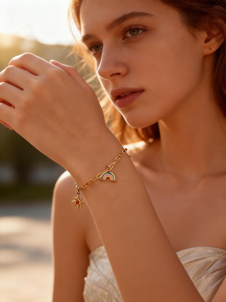 Dainty Sun Rainbow Butterfly Charm Bracelets for Women, 18K Gold Plated Stainless Steel Adjustable Bracelet, Trendy Jewelry