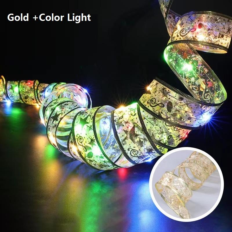 10M Christmas Light String Ribbon for Christmas Tree Decoration Double Layer Gold Stamping Luminous Ribbon Lamp Lace DIY Led Lights