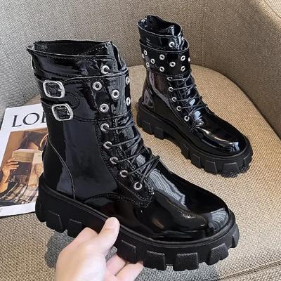 Damen Schneestiefel 2025 Neuer Stil Reißverschluss Riemen Dicke Sohle Europäisch Amerikanisch Export Motorrad Lederstiefel