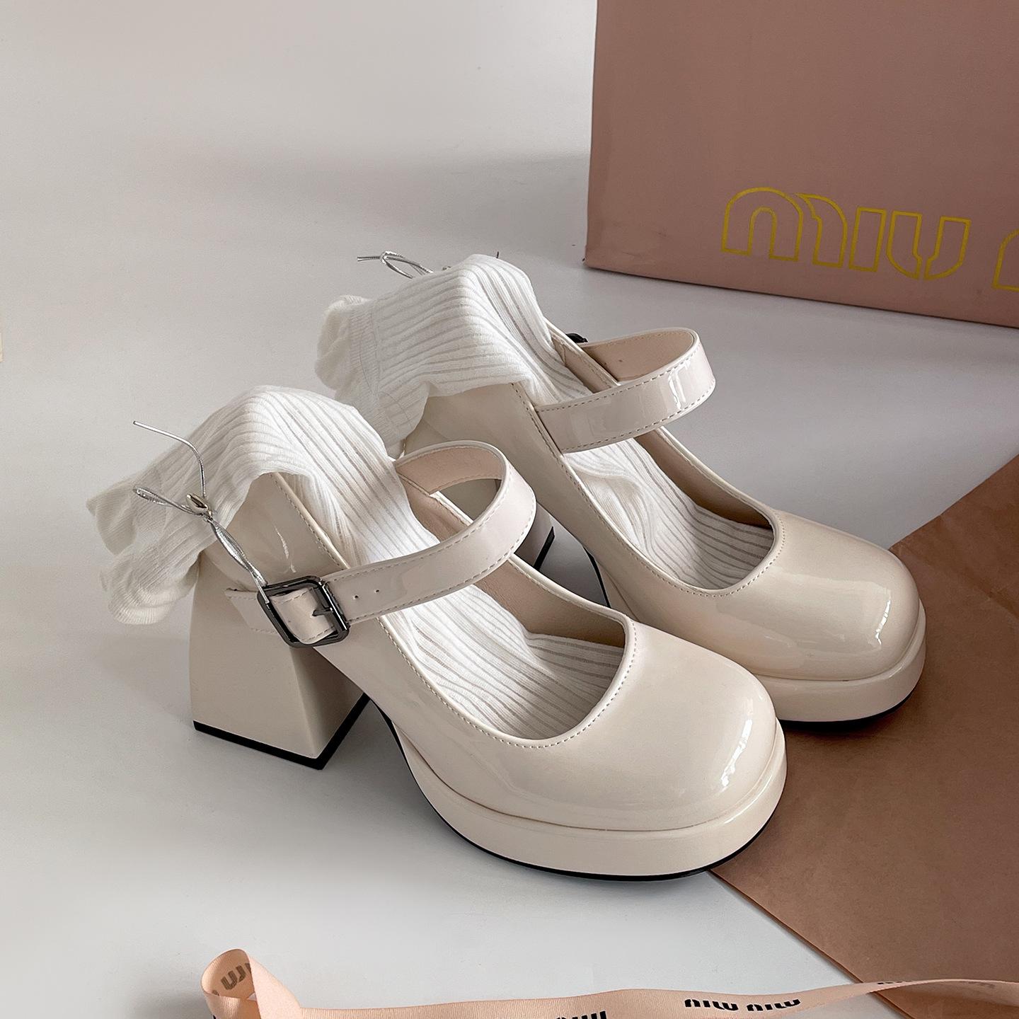

White French with skirt thick heel high heels women s summer 2025 new versatile round head inner height increase Mary Jane single shoes 39 бежевый