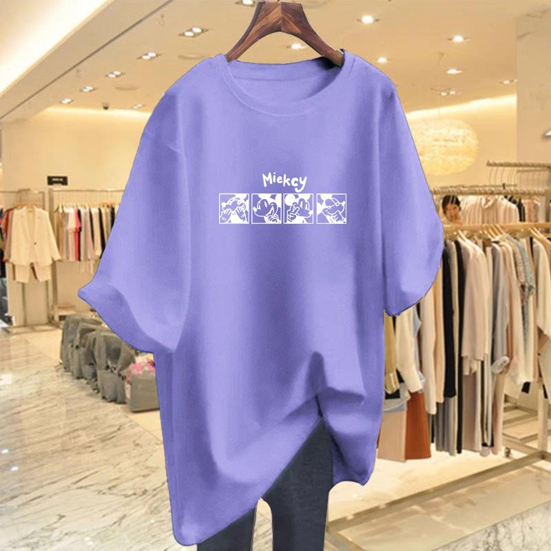 Women's Summer Retro Cotton Print Tee - Loose Fit, Mid-Length, Short Sleeve