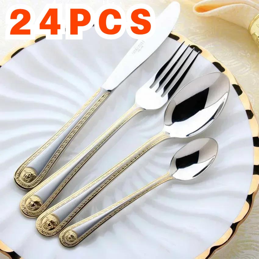 

24 шт. Винтажная позолоченная столовая посуда в западном стиле, набор вилок, ножей, золотой набор столовых приборов, гравированная посуда из нержавеющей стали