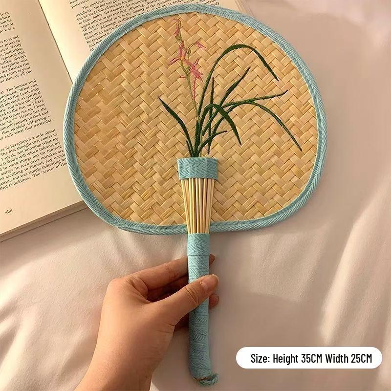 

Handwoven Ancient Style Round Palm Leaf Fan - Portable Hanfu Chinese Fan with Embroidery for Summer and Mosquito Repellent Small [Width 20 Length 30]