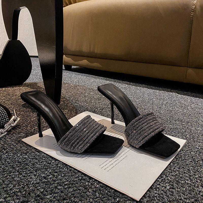 Fashion Bling Bling Luxury Crystal Square Toe Women Slippers Sandals Fashion Narrow Band Stiletto High Heels Mules Slides Modern Shoes