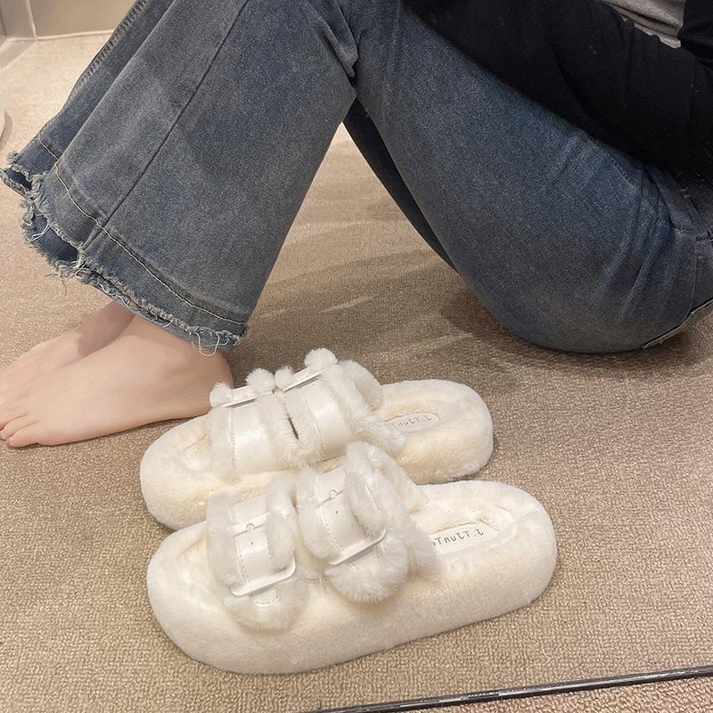 Niche thick-bottomed fluffy slippers women's fashion buckle with autumn and winter one-word mop 2025 new velvet warm cotton mop