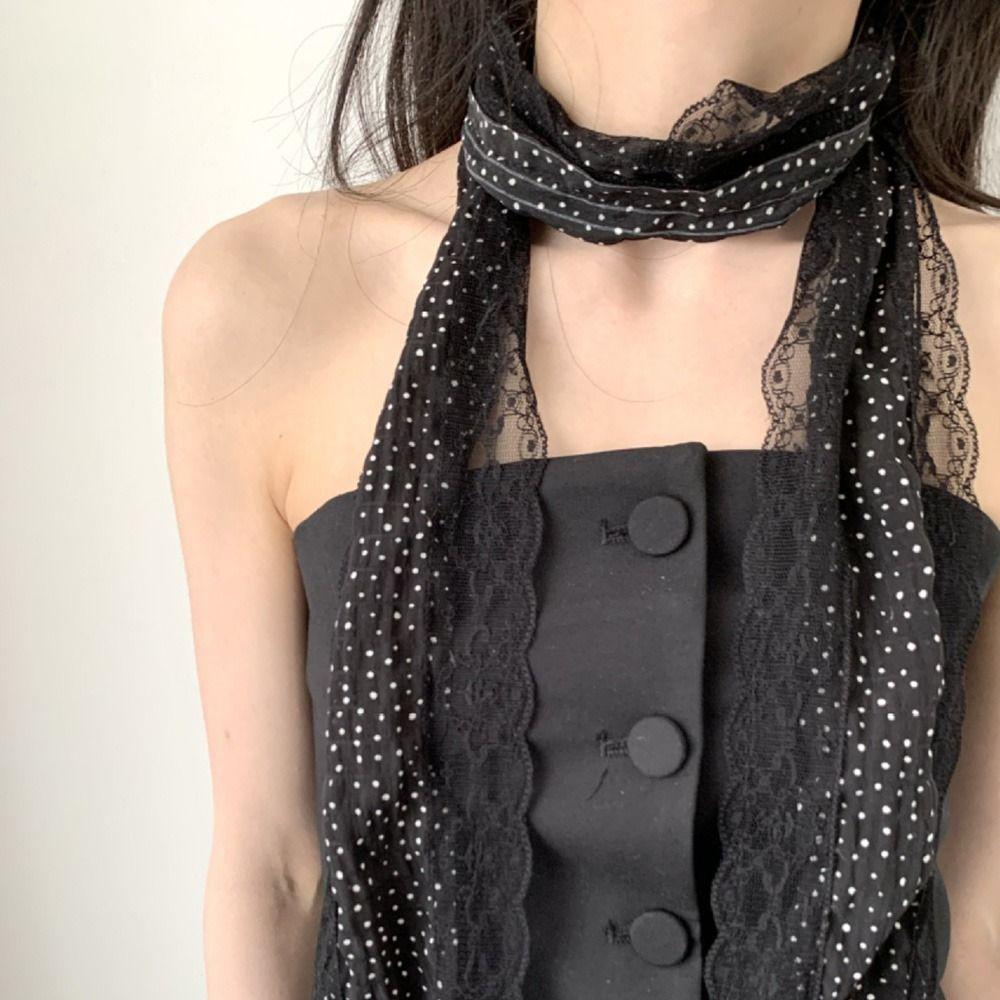 Trendiger Gepunkteter Spitzen-Schal Französischer Stil Spitzenrand Fototauglicher Schal Lang Schlank Schwarz Weiß Rosa Stirnband Foto-Requisiten