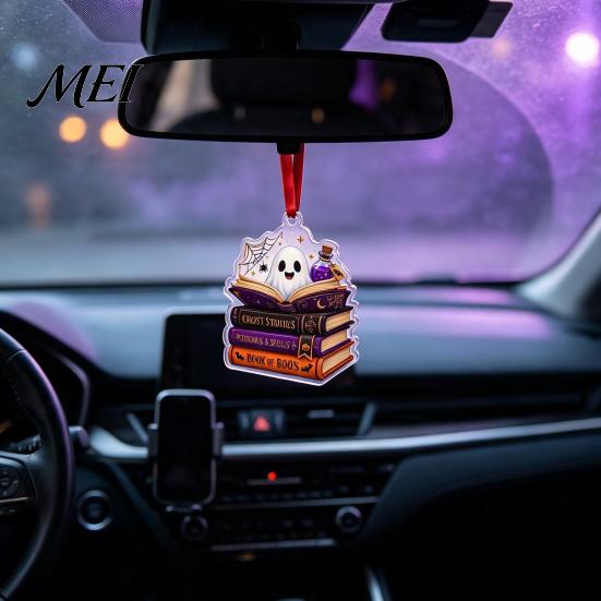Holiday Party Decoration Halloween Reading Ghost Hanging Ornament, Acrylic Holding Book Pumpkin Festive Decorations Black Cat Mummy Decor, 2D Cartoon
