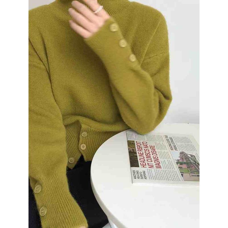 

Autumn Winter New Turtleneck Long Sleeve Pullover Sweater for Women Elegant 2025 Fashion Loose Hem Button Sweaters Office Casual Knit Top Clothing one size армия зеленый