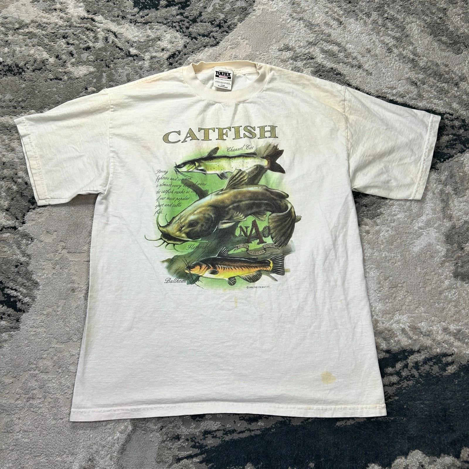 Vintage Tultex T Shirt Men Large Beige Channel Catfish Graphic Print Logo Cotton 4XL