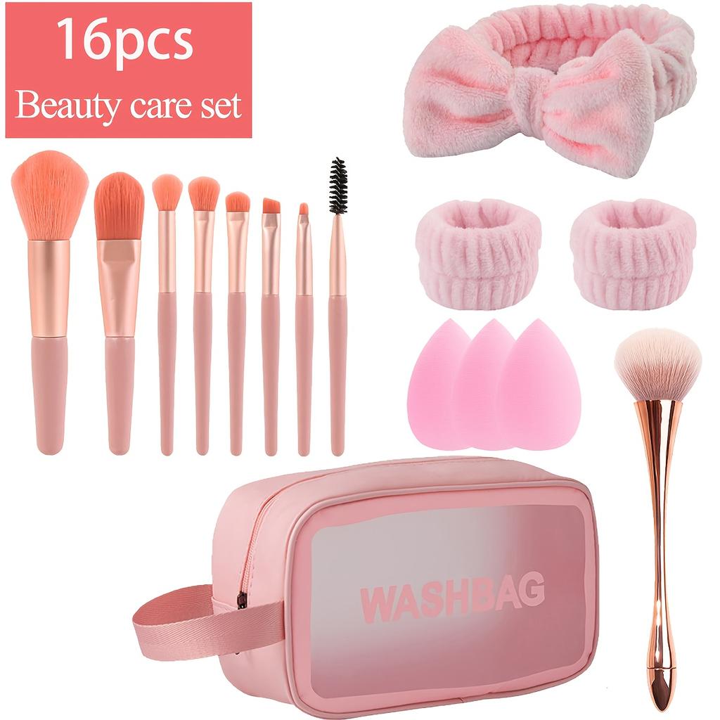 16pcs Girls Pink Makeup Tool Set Large Capacity Cosmetics Toiletry Bag Brush Set Flannelette Skin Care Bow Headband, Large Small Waist Blush Brush