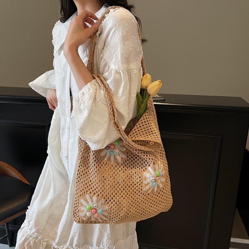New Casual Vacation Tote Bag Flower Bag Knitted Bag Mesh Hollow Shoulder Bag Women's Tide