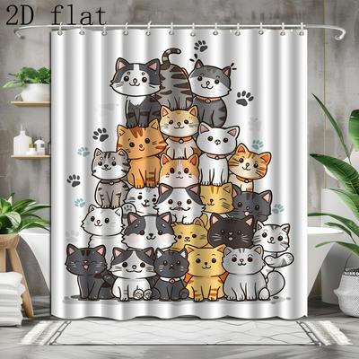 Cute Cartoon Cat Shower Curtain Waterproof Bathroom Decor 180x180cm Novelty Print Family Gift
