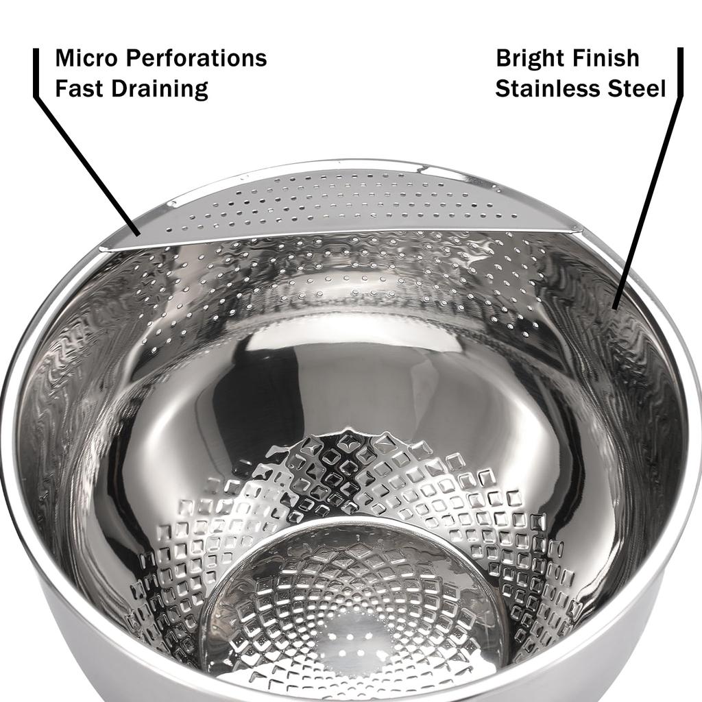 Stainless Steel Rice Washing Bowl with Quinoa Strainer Side Drainer Fine Holes for Fruits Vegetables Beans Versatile Kitchen Rinsing Tool
