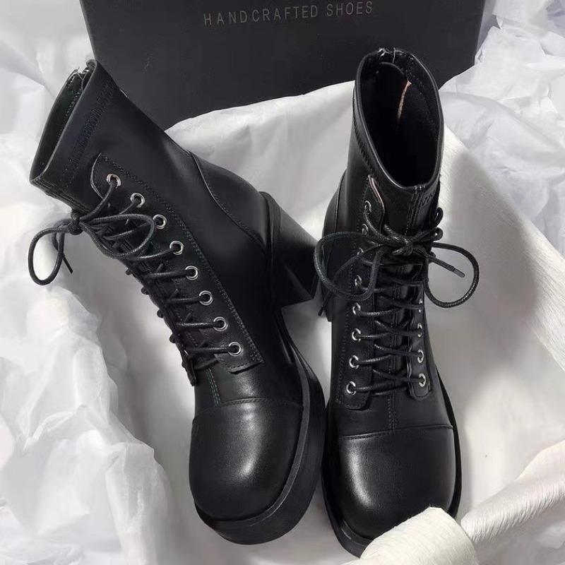 New Style Fashion Women's Boots Shoes Luxury Designer Round Toe Mid Calf Ladies Riding Low Fashion Rubber Mid-Calf Motorcy Boots
