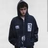 Mens Oversized Hooded Zip-Up Sweatshirt With Embroidered Letter Casual Cotton Pullover Youth Streetwear