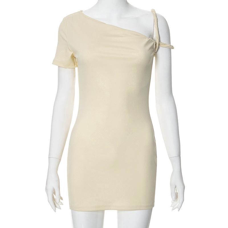 

YYFS Женская мода лето весна однотонный принт короткий рукав косой воротник высокая талия повседневные платья XL бежевый