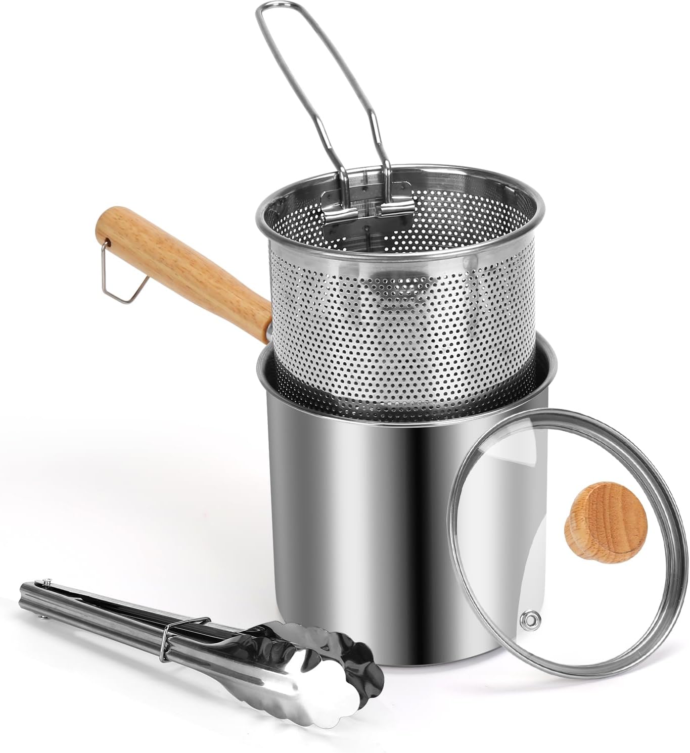 

Pot with Basket, Small Fryer and Soup Pot with Tongs and Lid for 1-2 People, Works on Gas or Induction Burner, D United States