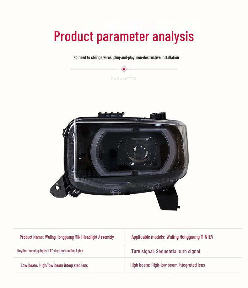 Wuling Hongguang MINI EV 20-21 Headlight Assembly with Macaron LED Daytime Lens.