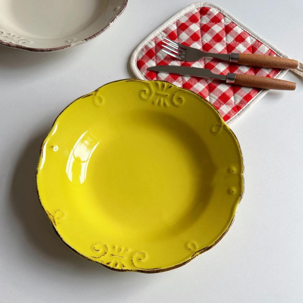 French Embossed Ceramic Plate Flower Shape Pasta Straw Hat Platter Western Fruit Vegetable Salad Disc Vintage Dessert Dish