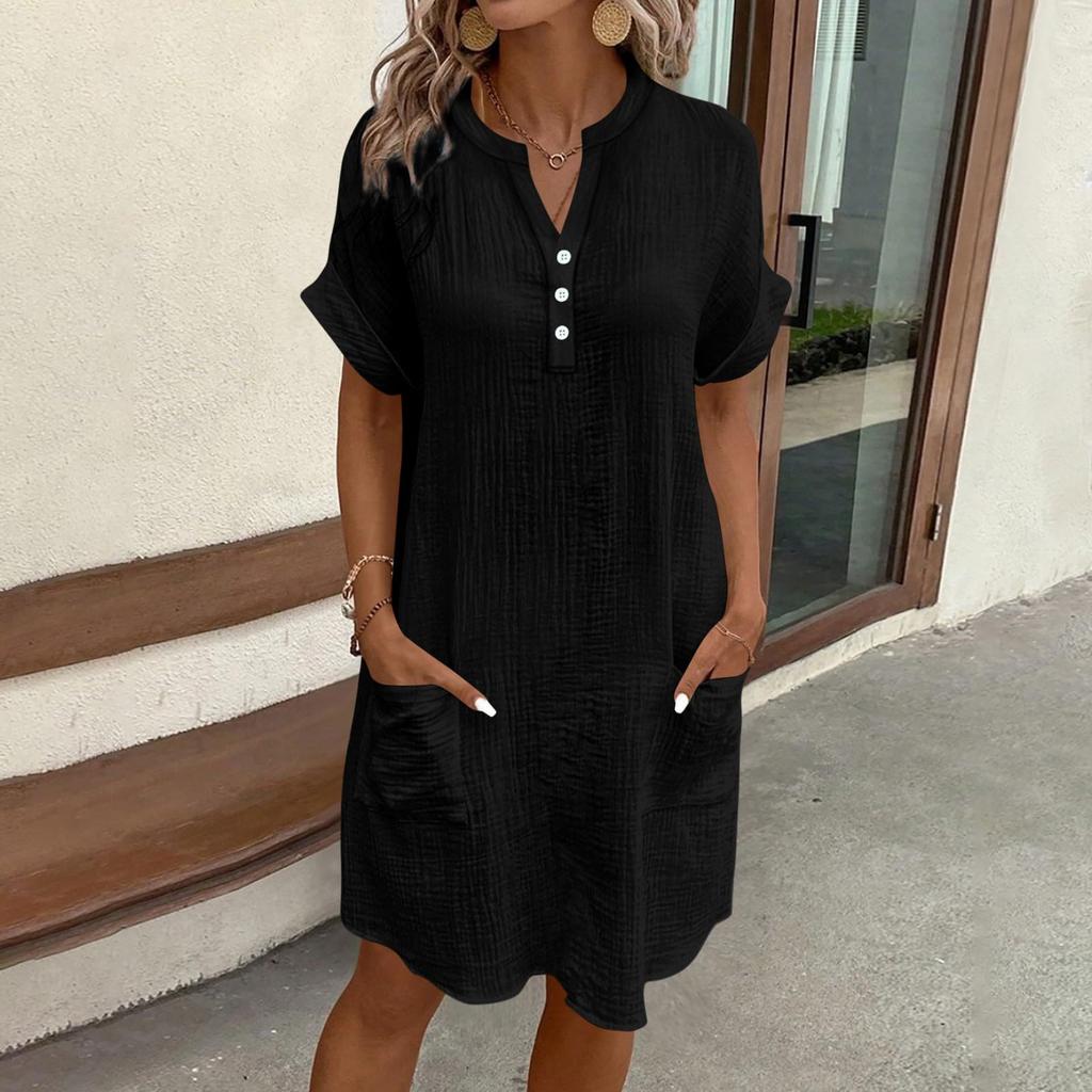 Damen V-Ausschnitt Knopf Kurzarm Kleid mit Taschen Lockerer Schnitt Lässiges Leichtes Tunika-Kleid für den täglichen Gebrauch