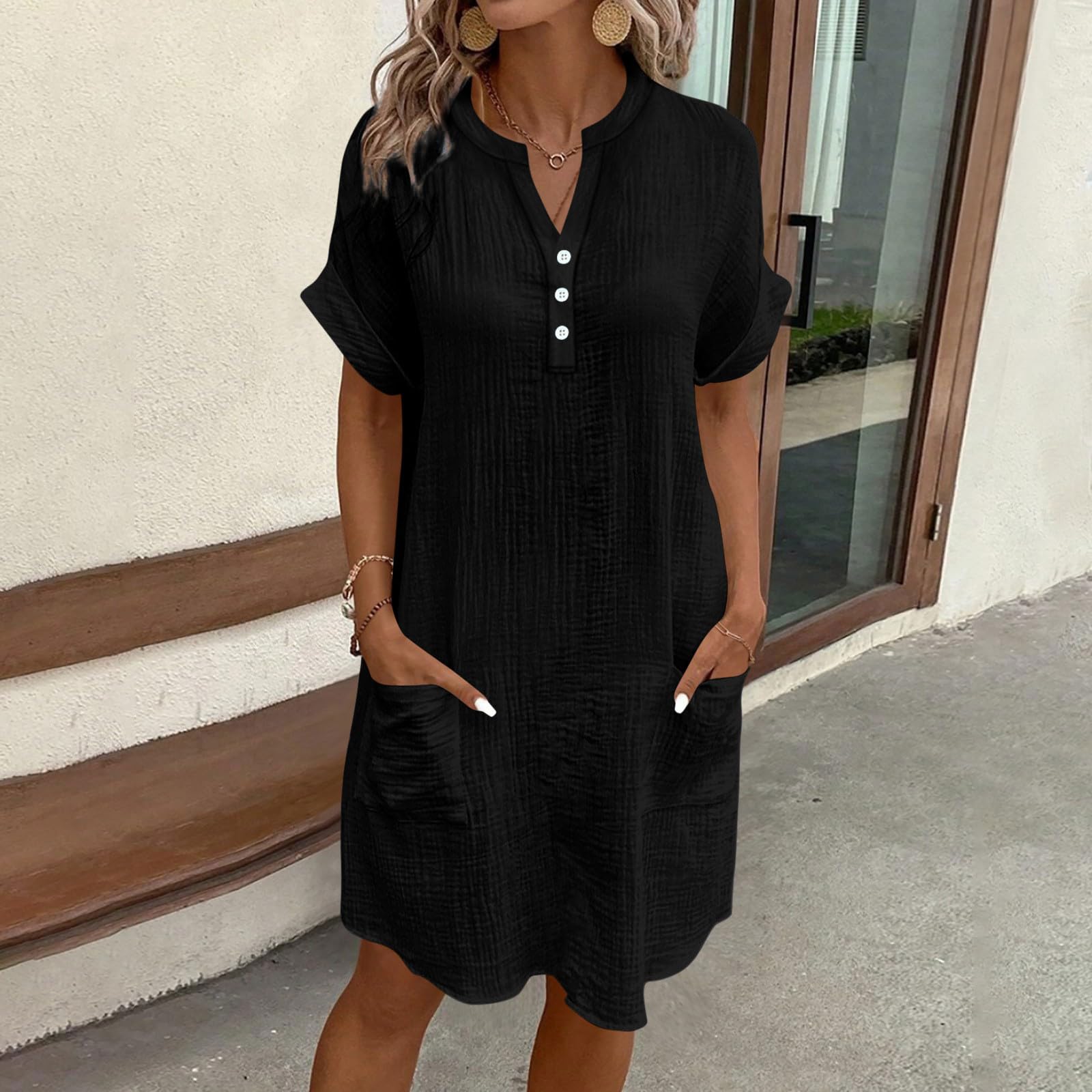 

Women V Neck Button Short Sleeve Dress with Pockets Loose Fit Casual Lightweight Tunic Dress for Daily Wear L чёрный