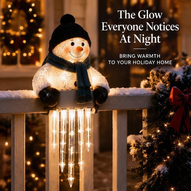 Snowman Icicle Railing Lights Christmas Decor Warm LED Winter Lighting Outdoor Ornament For Front Door, Balcony & Holiday Home