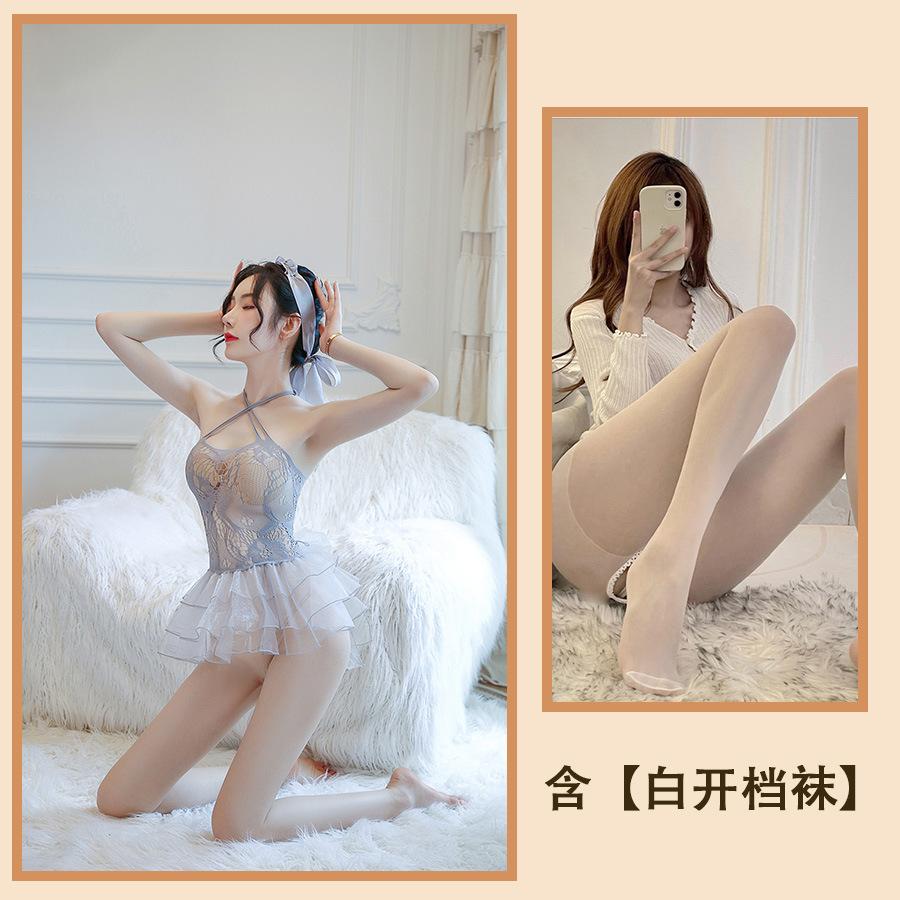 Sex Underwear, Sexy Cross Shoulder Straps, Transparent Mesh Dress, Short Skirt, Headgear Set, Uniform Temptation and Beauty