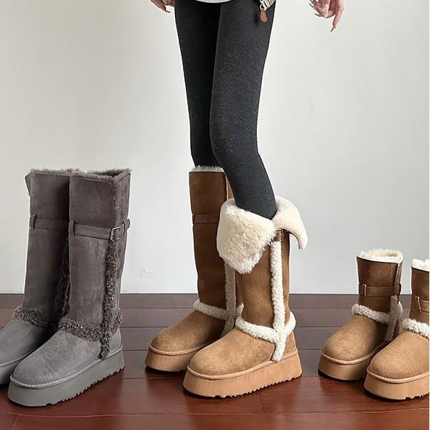 Fold two, wear thick-soled velvet long-tube snow boots, women's new winter non-slip thickened short-tube gray cotton shoes.