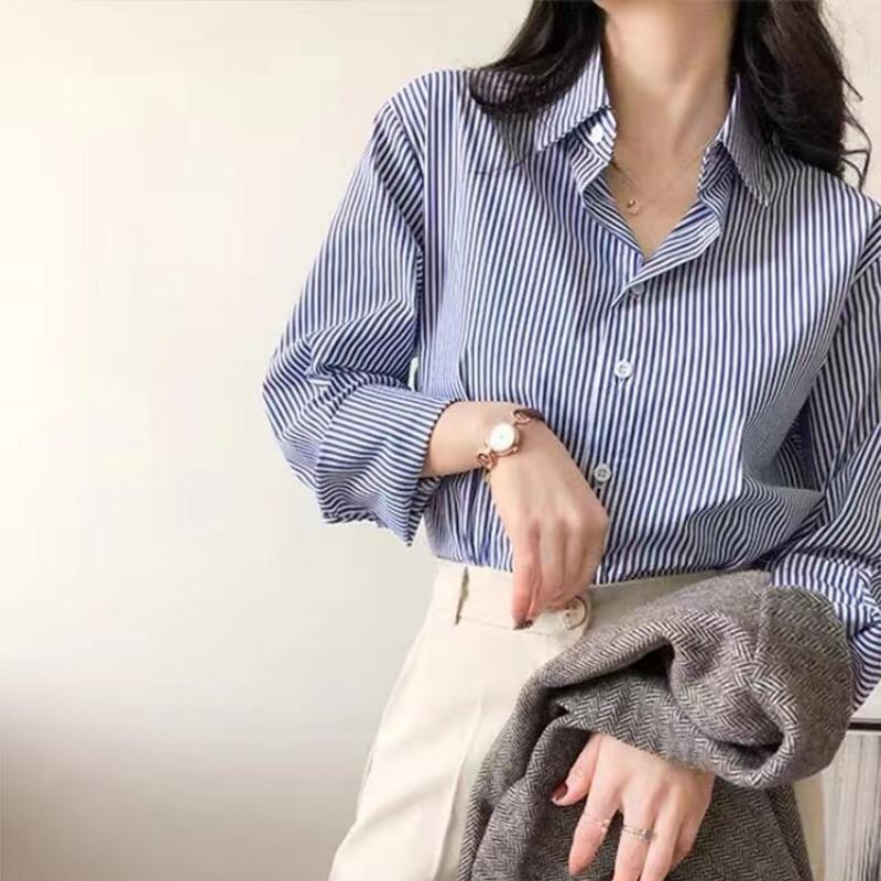 Classic Striped Woman Spring Autumn Blouses Shirt Lady Long Lantern Sleeve Stand Collar Loose Blusas Tops