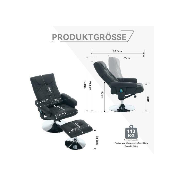 Fauteuil inclinable avec fonction d'inclinaison et fonction de massage à cinq points, pivotant à 360 degrés, noir