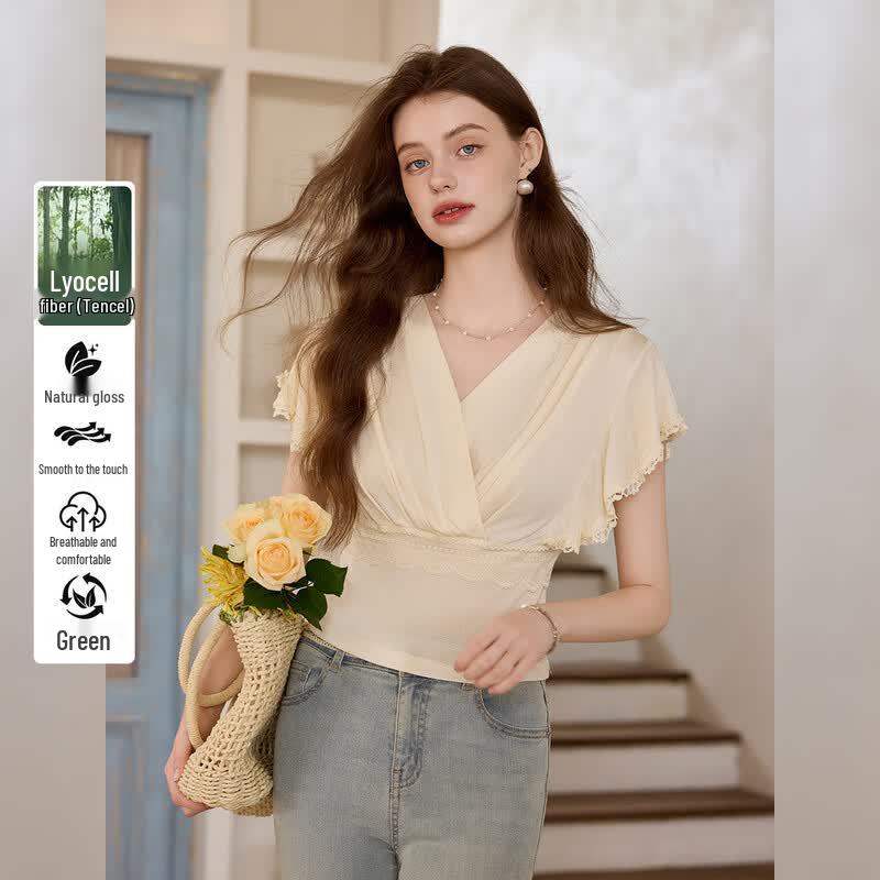 Women s French Style V-Neck Knitted Top with Lace Trim XL