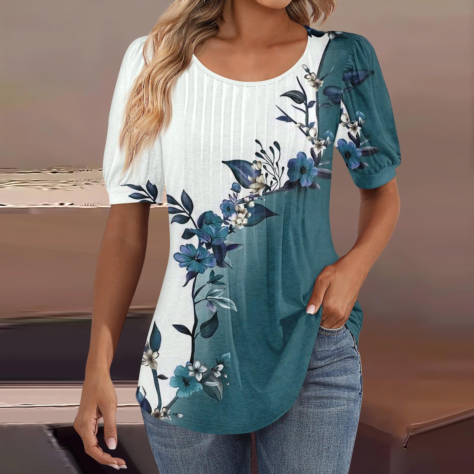 Женские пышные туники с короткими рукавами, топы, плиссированные блузки с воротником, повседневные свободные весенне-летние футболки XXXL синий
