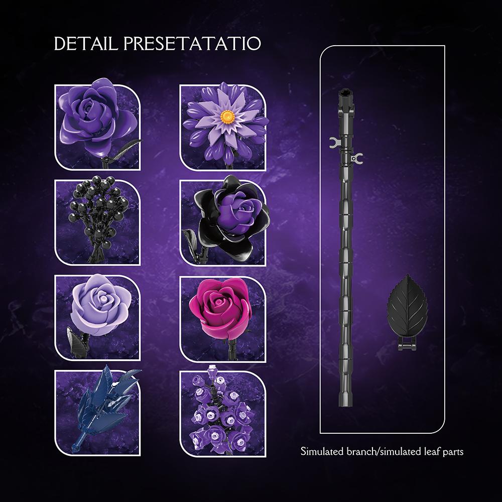 Model Purple Rose Flower Building Set for Adults Dark Elegant Bouquet Display Romantic Desk Decor Floral Art Collectible Gift