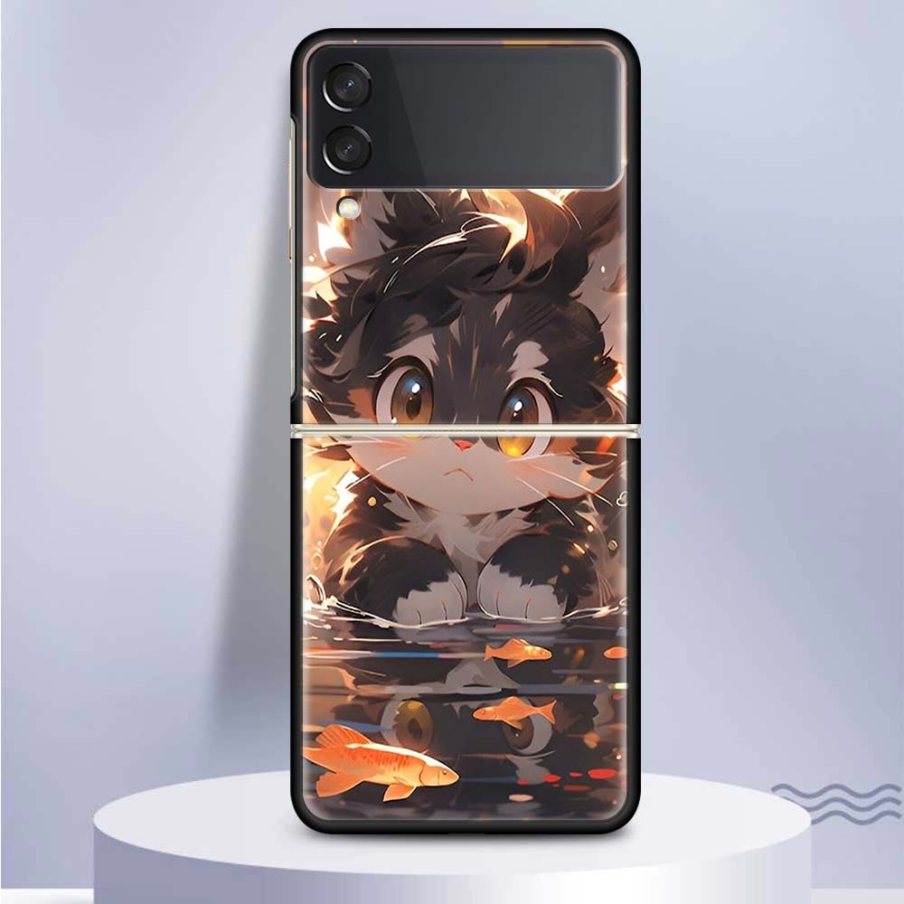 Cartoon Cute Cat Fish Aesthetic For Samsung Galaxy Z Flip 5 4 3 5G Phone Case Black Hard Cover ZFlip 5 4 3 Luxury Shockproof Bum