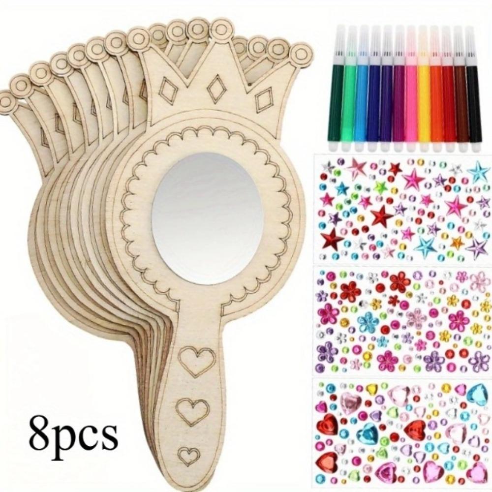 

1 Set DIY Wooden Mirror Craft Unfinished with Paintbrushes Kids Decorate Mirrors Birthday Party Gift Princess Mirror Crafts