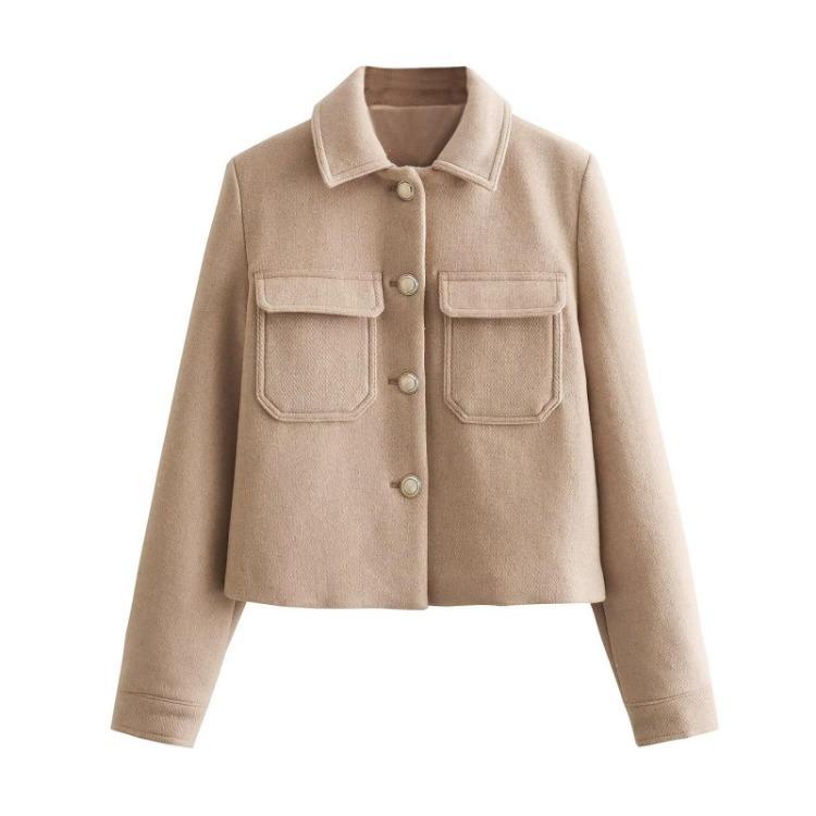 Fashion Women Lapel Jacket Coat with Decorative Zipper Pocket Ladies