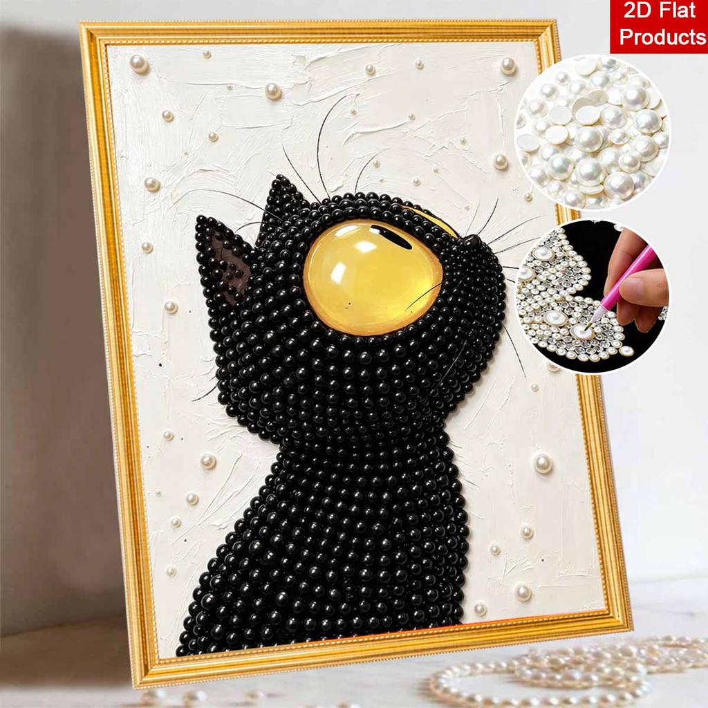Framed Pearl Painting Kit Cute Black Cat Design 3D Shiny Bead Art Canvas for Bedroom Living Room Decoration