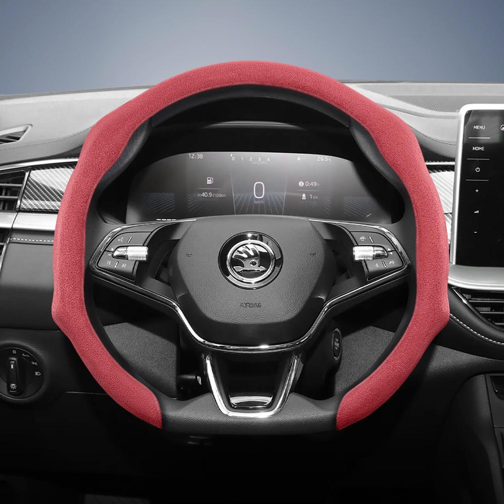 Suitable for Skoda Premium Suede Snap-On Steering Wheel Cover, Non-Slip and Durable, Round and D-Shaped Steering Wheel Available for Octavia 