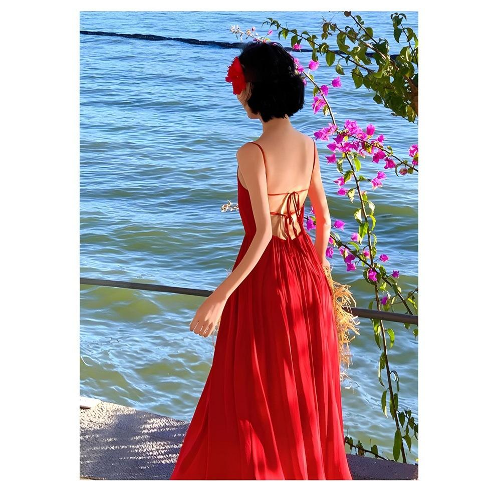 

Санья ретро фото приморское с открытой спиной отпуск женское летнее нишевое платье на бретелях пляжное платье XL- (recommended 110-60kg)