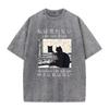 Japanisches Zitat Spiegel Katze Grafik Vintage Waschung Übergröße Schwarzes T-Shirt Dark Academia Katzenliebhaber Street Top