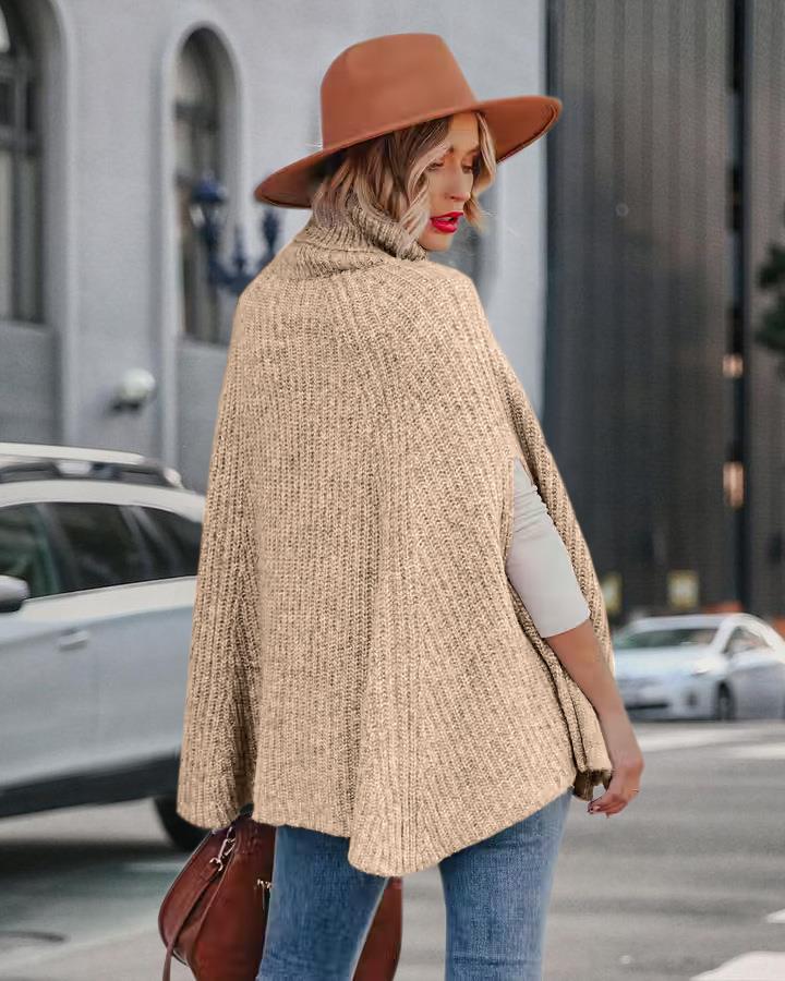 2025 Autumn/Winter Women's High Neck Loose Fashion Cape Sweater - Solid Color